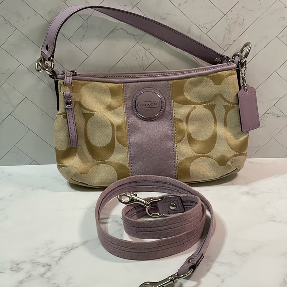 Coach Signature Stripe Khaki & Lilac Crossbody Bag - Picture 1 of 11